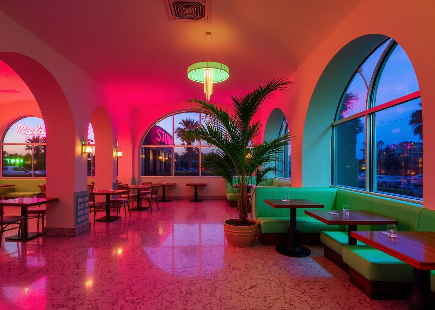 Restaurant Interieur mit Bögen und Neon